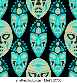 Seamless Background. Ethnic Seamless Pattern with Color Masks for Card or Poster. Ethnic Seamless Pattern with Color Trible Shamanic Masks for your Design. Vector Texture.