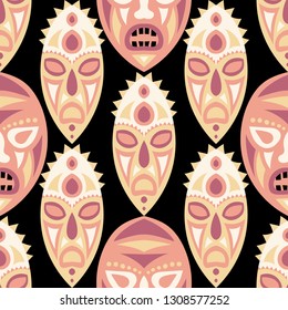 Seamless Background. Ethnic Seamless Pattern with Color Masks for Card or Poster. Ethnic Seamless Pattern with Color Trible Shamanic Masks for your Design. Vector Texture.
