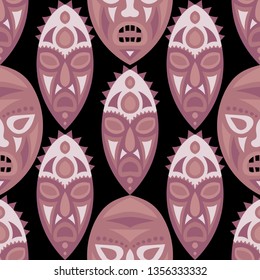 Seamless Background. Ethnic Seamless Pattern with Color Masks for Textile or Paper. Ethnic Seamless Pattern with Color Trible Shamanic Masks for your Design. Vector Texture.