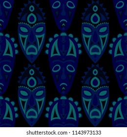 Seamless Background. Ethnic Seamless Background with Ritual Masks for Textile or Paper. Ethnic Seamless Pattern with Color Trible Shamanic Masks for your Design. Vector Texture.