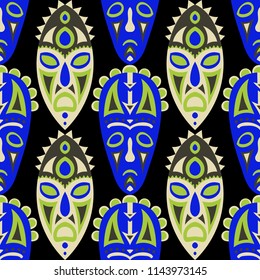 Seamless Background. Ethnic Seamless Background with Ritual Masks for Card or Poster. Ethnic Seamless Background with Color Trible Ritual Masks for your Design. Vector Texture.