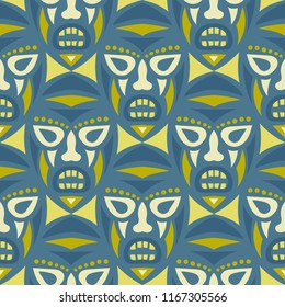 Seamless Background. Ethnic Seamless Background with Ritual Masks for Poster or Banner. Ethnic Seamless Background with Color Trible Ritual Masks for your Design. Vector Texture.