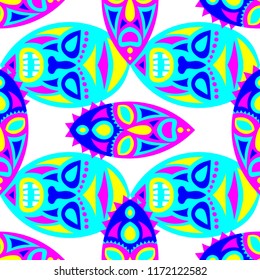 Seamless Background. Ethnic Seamless Background with Ritual Masks for Poster or Banner. Ethnic Seamless Pattern with Color Trible Shamanic Masks for your Design. Vector Texture.