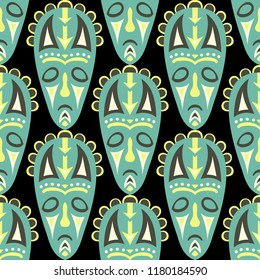 Seamless Background. Ethnic Seamless Background with Ritual Masks for Card or Poster. Ethnic Seamless Background with Color Trible Ritual Masks for your Design. Vector Texture.