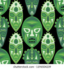 Seamless Background. Ethnic Seamless Background with Ritual Masks for Card or Poster. Ethnic Seamless Pattern with Color Trible Shamanic Masks for your Design. Vector Texture.
