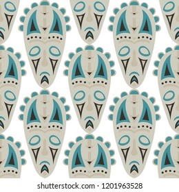 Seamless Background. Ethnic Seamless Background with Ritual Masks for Textile or Paper. Ethnic Seamless Background with Color Trible Ritual Masks for your Design. Vector Texture.