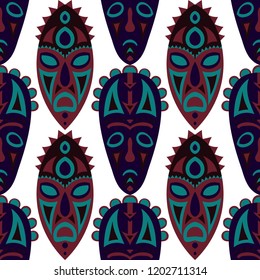 Seamless Background. Ethnic Seamless Background with Ritual Masks for Print or Card. Ethnic Seamless Background with Color Trible Ritual Masks for your Design. Vector Texture.