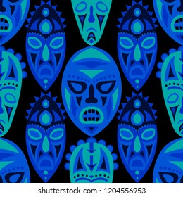 Seamless Background. Ethnic Seamless Background with Ritual Masks for Print or Card. Ethnic Seamless Pattern with Color Trible Shamanic Masks for your Design. Vector Texture.