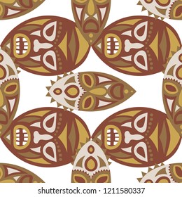 Seamless Background. Ethnic Seamless Background with Ritual Masks for Card or Poster. Ethnic Seamless Pattern with Color Trible Shamanic Masks for your Design. Vector Texture.