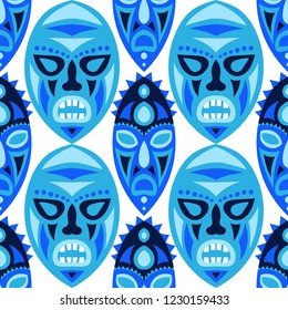 Seamless Background. Ethnic Seamless Background with Ritual Masks for Textile or Paper. Ethnic Seamless Background with Color Trible Ritual Masks for your Design. Vector Texture.