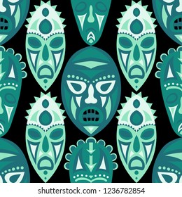 Seamless Background. Ethnic Seamless Background with Ritual Masks for Poster or Banner. Ethnic Seamless Pattern with Color Trible Shamanic Masks for your Design. Vector Texture.