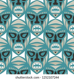 Seamless Background. Ethnic Seamless Background with Ritual Masks for Print or Card. Ethnic Seamless Background with Color Trible Ritual Masks for your Design. Vector Texture.