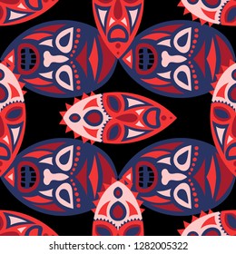 Seamless Background. Ethnic Seamless Background with Ritual Masks for Textile or Paper. Ethnic Seamless Background with Color Trible Ritual Masks for your Design. Vector Texture.