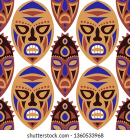 Seamless Background. Ethnic Seamless Background with Ritual Masks for Card or Poster. Ethnic Seamless Background with Color Trible Ritual Masks for your Design. Vector Texture.