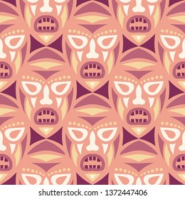 Seamless Background. Ethnic Seamless Background with Ritual Masks for Textile or Paper. Ethnic Seamless Pattern with Color Trible Shamanic Masks for your Design. Vector Texture.