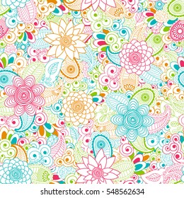 Seamless background in ethnic style. Summer pattern of flowers and leaves. Use for wallpaper, printing on the packaging paper, textiles.