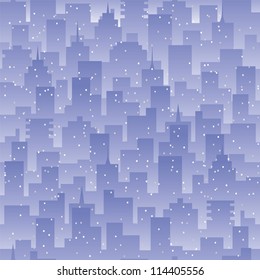Seamless background evening city landscape. Smog or fog in a polluted city. Modern residential or office buildings with light in windows.