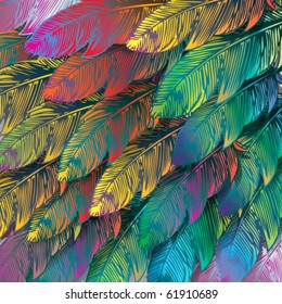 Seamless background of exotic colorful feathers, close up. Vector illustration.