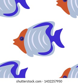 Seamless background, Exotic Fish emperor. In minimalist style. Cartoon flat vector illustration