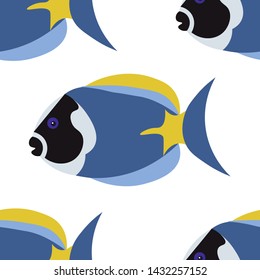 Seamless background, Exotic Fish Paracanthurus hepatus, surgeonfish. In minimalist style. Cartoon flat vector illustration
