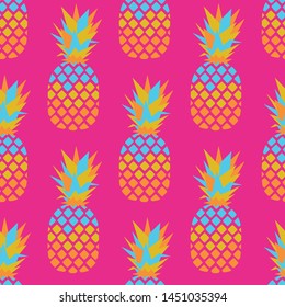 Seamless background with exotic fruit. Colorful pineapple on a pink background. Vector Illustration.