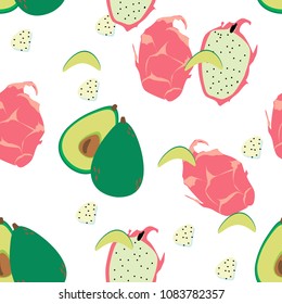 
seamless background. exotic fruit pattern on a white background. avocado and dragon fruit.