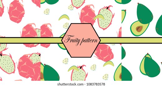 seamless background. exotic fruit pattern on a white background. avocado and dragon fruit.
