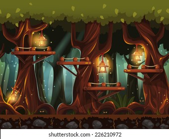 Seamless background fabulous night forest with lanterns, fireflies and wooden bridges in the trees.