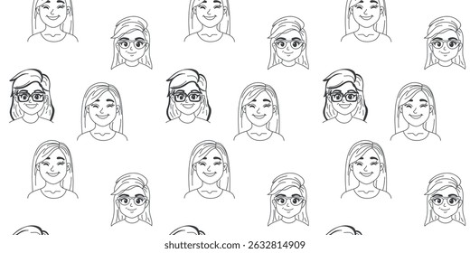 seamless background with women’s faces, art vector illustration