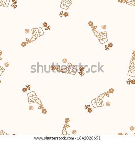 Seamless background fallen flower pot gender neutral pattern. Whimsical minimal earthy 2 tone color. kids nursery wallpaper or boho cartoon insect fashion all over print. 