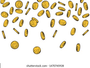 Seamless background with falling gold coins. Sketch of golden money flowing top down, big pile of cash, treasure concept.Hand drawn vector illustration isolated on white background.
