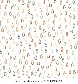 Seamless background falling rain gender neutral baby pattern. Simple whimsical minimal earthy 2 tone color. Kids nursery wallpaper or boho raindrop fashion all over print.