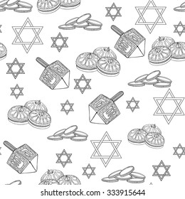 Seamless background of famous symbols for the Jewish Holiday Hanukkah. Outline drawing in zentangle style
