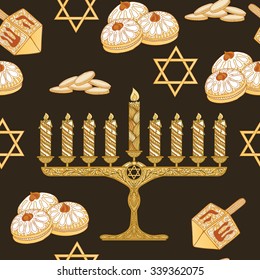 Seamless background of famous symbols for the Jewish Holiday Hanukkah. 

