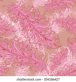 Seamless background with fancy feathers in patterns