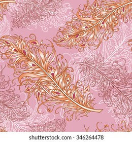 Seamless background with fancy feathers in patterns
