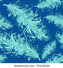 Seamless background with fancy feathers in patterns