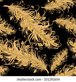 Seamless background with fancy gold feathers in patterns on a black background