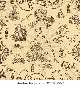 Seamless background with fantasy creatures and pirate treasure map elements. Pirate adventures, treasure hunt and old transportation concept. Hand drawn vector illustration, vintage background