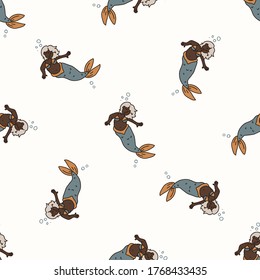 Seamless background fantasy mermaid gender neutral baby pattern. Simple whimsical minimal earthy color design. Kids nursery wallpaper or boho cartoon fashion.
