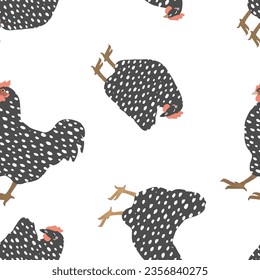 Seamless background of farm roosters and hens. Vector illustration