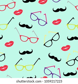 seamless background of fashion elements glasses, mustache, lips on blue background