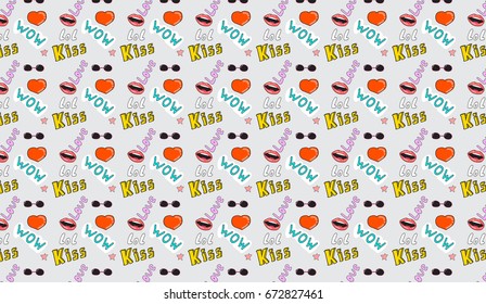 Seamless background with fashion patch badges with lips,hearts, sunglasses. Vector pattern with stickers, pins, patches in cartoon 80s-90s comic style