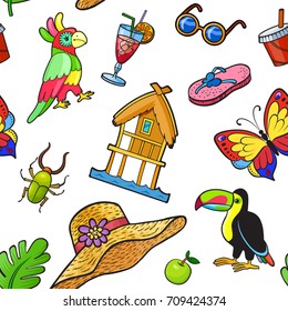 Seamless background with fashion patch badges. Sheet, birds; beetle, butterfly, hat, cocktail, bungalow and other. Comic book style vector stickers, pins, patches, illustration
