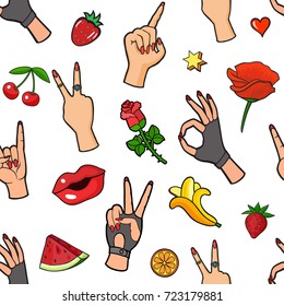 Seamless background with fashion patch badges. Lips, orange, watermelon, cherries, hand gesture, strawberries, flowers and other. Comic book style vector stickers, pins, patches, illustrations