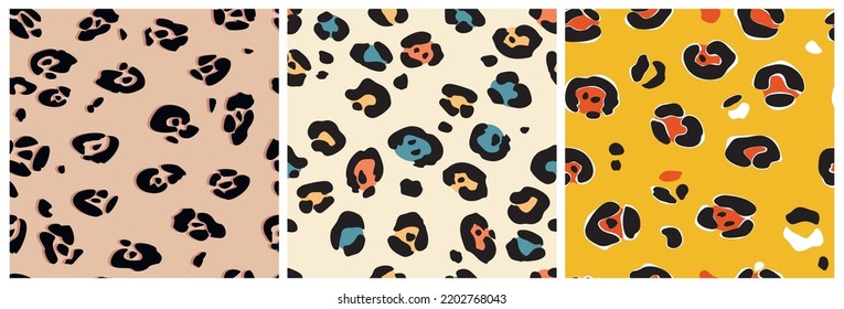 El fondo incomparable de un estilo exótico de moda con piel de leopardo y manchas de colores diferentes. Collage artístico del dibujo animal. plantilla para diseño de tela, cubierta, papel pintado.