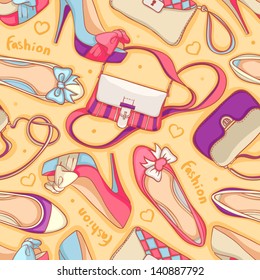 seamless background of fashionable women's shoes and bags. vector illustration 