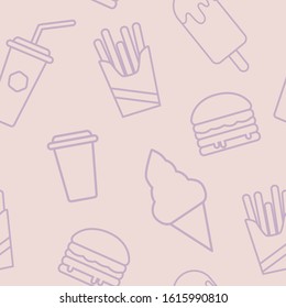 Seamless background. Fast Food Dishes. French fries, hamburg, drinks in paper cups and ice cream. Outlines only. Muted calm colors. Pattern for wrapping paper. Repeating background. Delicious food.