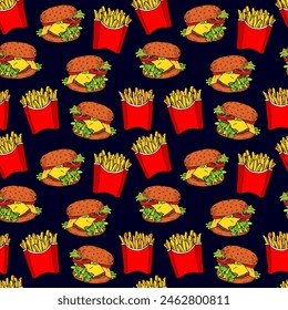 Seamless background with fast food, drawings of french fries and cheeseburgers. Delicious popular food from fast food restaurants, vector image. Endless background. Stylized images of food