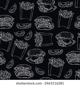 Seamless background with fast food, drawings of French fries, tomatoes and burgers. Delicious popular food from fast food restaurants, vector image. Endless background. Stylized images of food